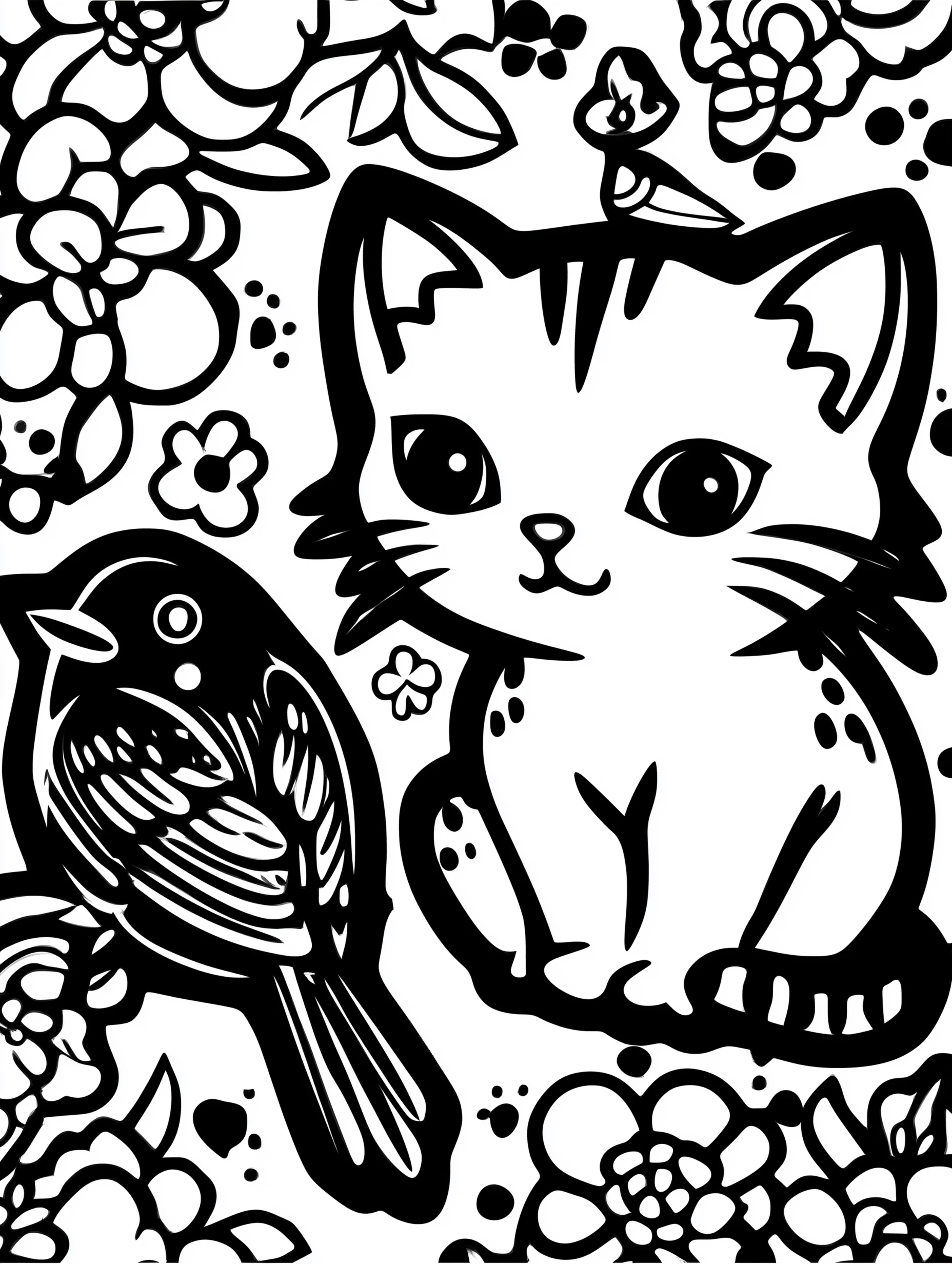 Free printable coloring page for adults featuring a sitting cat with a black bird